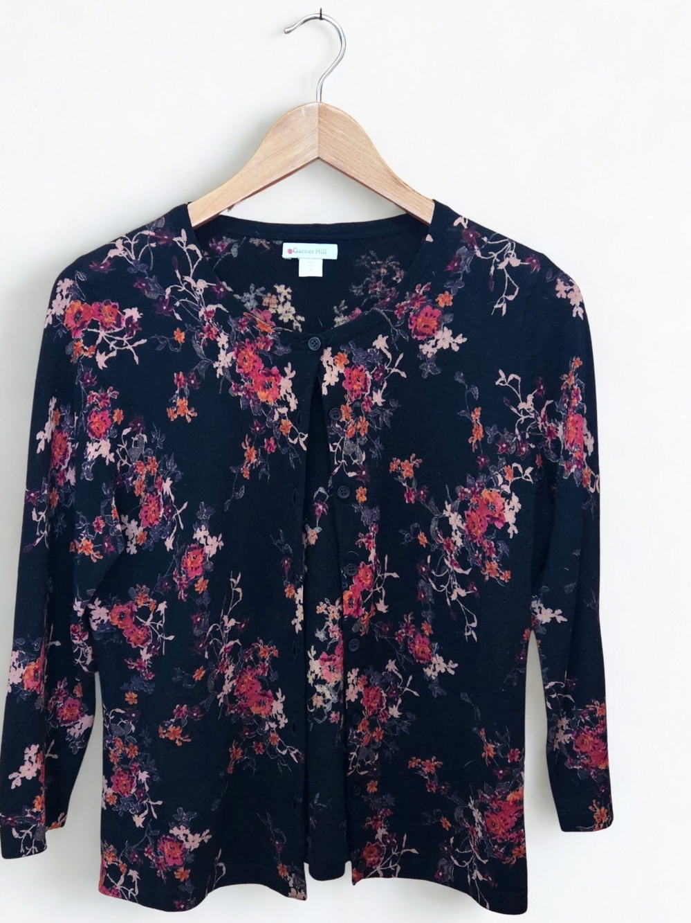 Garnet Hill Black Floral Button Cardigan with Beautiful Floral Print
